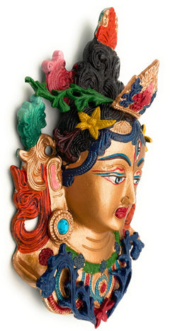 Hand Painted Brass Tara Face Idol, Tibetan Arya Tara Devi Drolma Mask, Pitala Durga Face Wall Hanging, 12 Inch, 1 Piece