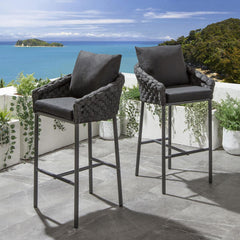 Evita Outdoor Patio Bar Set 2 Chairs and 1 Table Set Braided & Rope (Black)
