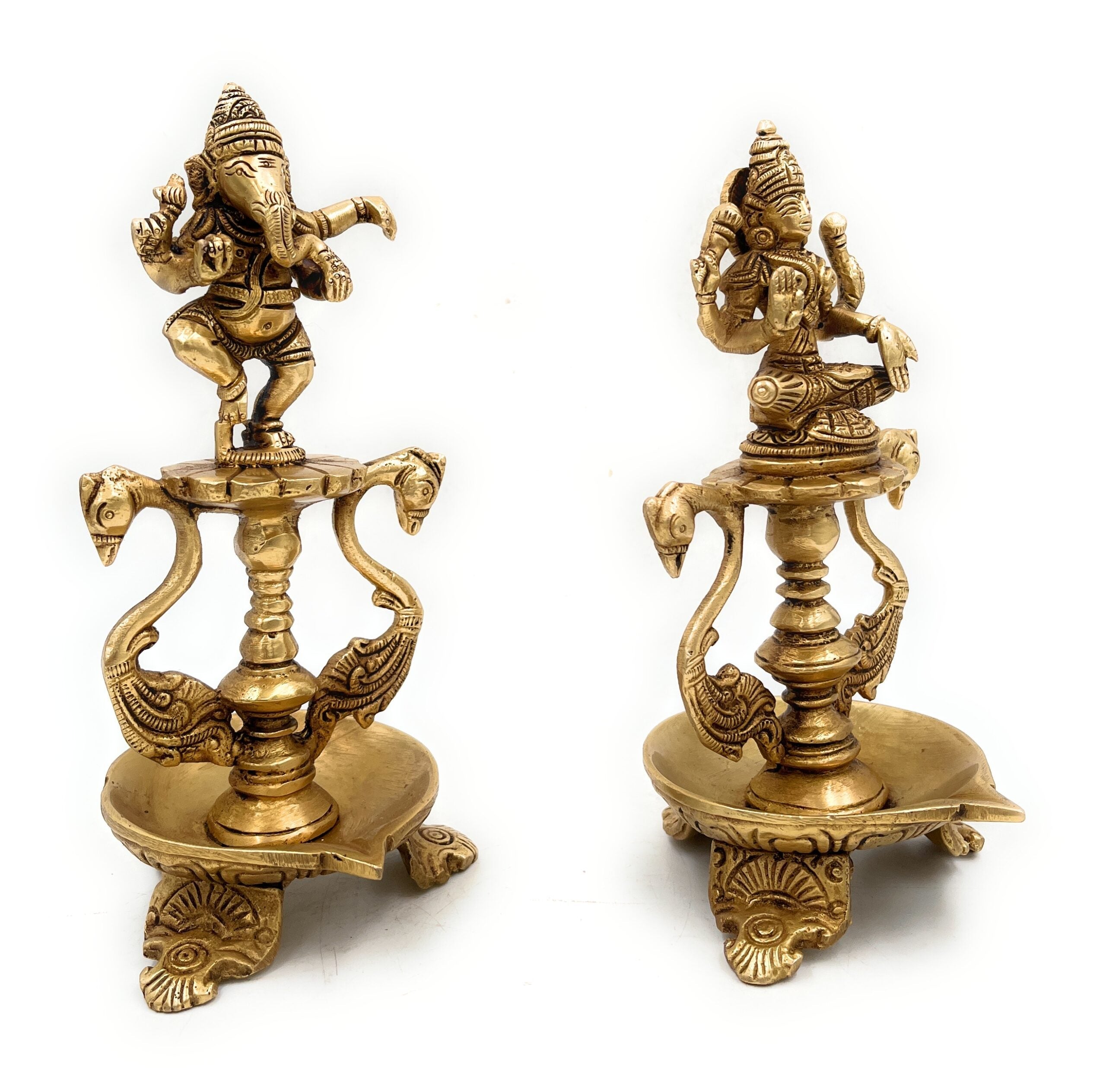 Bhunes Brass Ganesh Lakshmi Diya, Pooja Ganesha Laxmi Lamp, Deep, Deepam, Lamps For Home Temple Décor Set Of 2,Gold, 6.5 Inch, 1 Piece