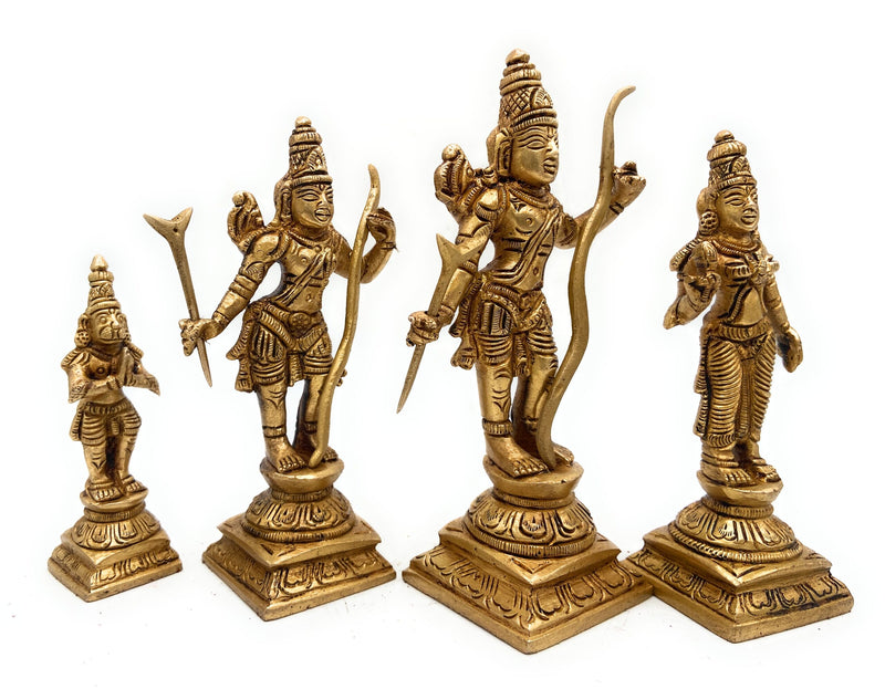 Brass Ram Darbar Idol, Peetal Shri Ram Parivar Murti with Sita Lakshman Hanuman, Pital Ram Sita Hanuman Statue, Gold, 5.5 Inch, 1 Piece