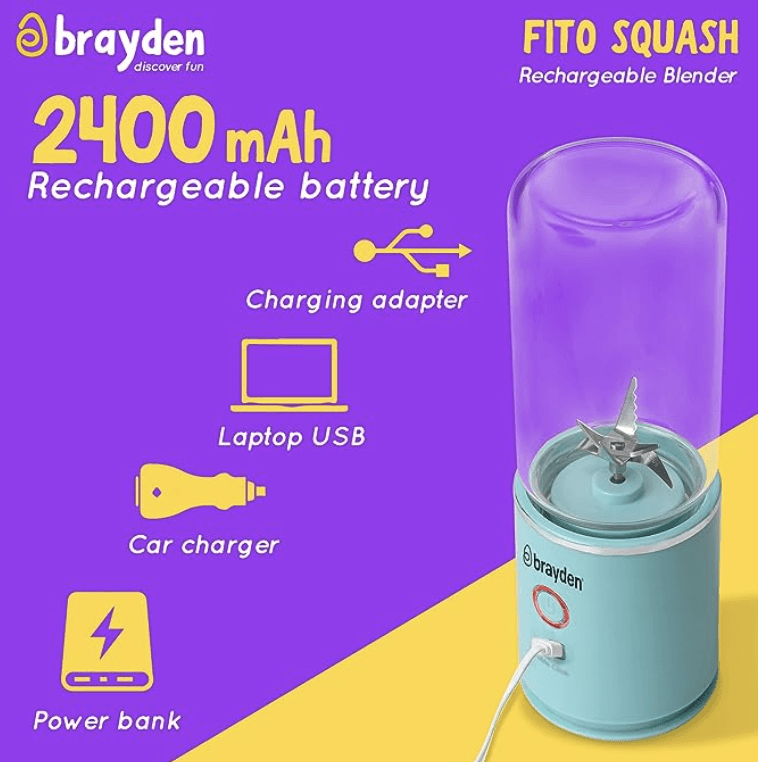 Brayden Fito Squash Rechargeable Blender, Inbuilt 2400 MAh Battery,  Portable 350 Ml Glass Jar (Blue) - Velan Store