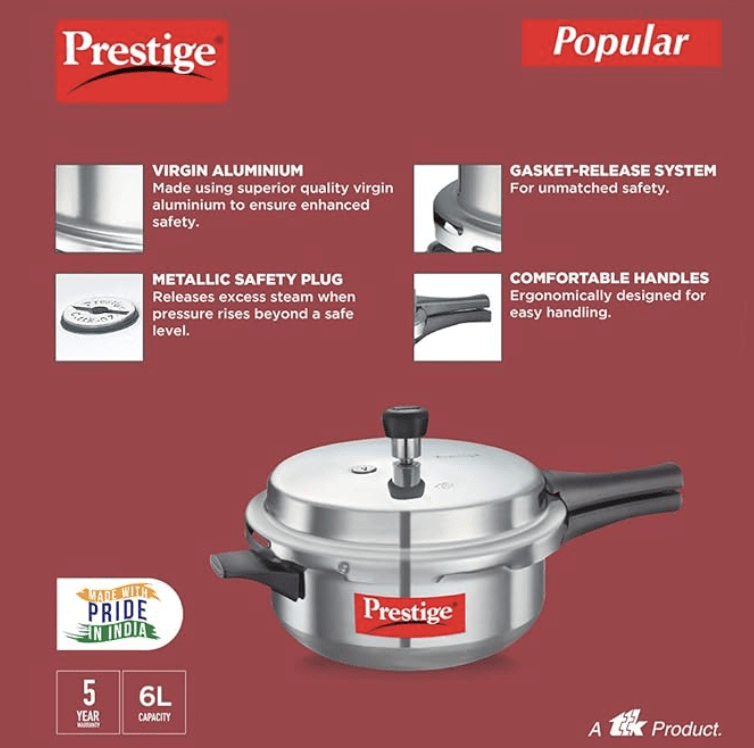 Prestige Popular Aluminum Pressure Cooker, 5 L, Silver
