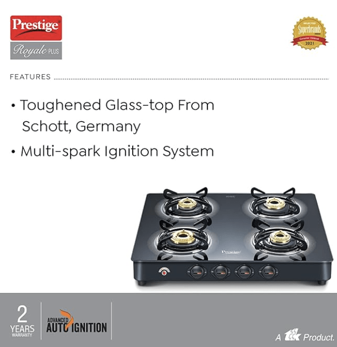 prestige royale plus schott glass 4 burner gas stove black