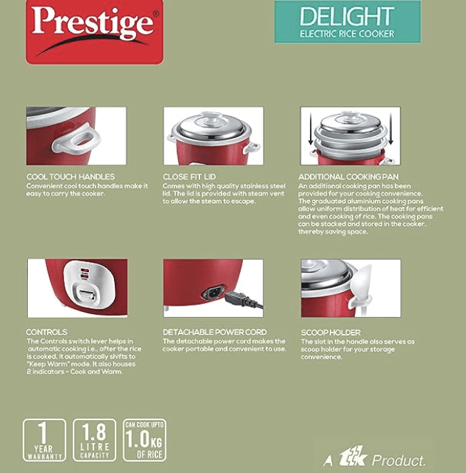Prestige Delight Electric Rice Cooker Cute 1.8-2 700 Watts With 2 Aluminium  Cooking Pans (1.8 Liters, Red) - Velan Store