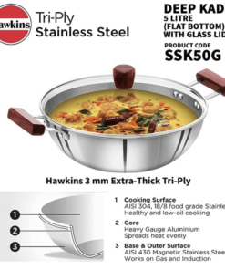 HAWKINS 5 Litre Deep Kadhai, Triply Stainless Steel Kadai with Glass L