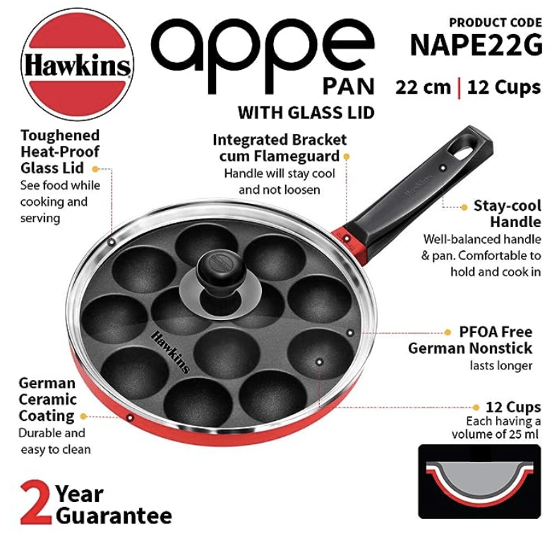 Hawkins Nonstick Appe Pan With Glass Lid, 12 Cups, Diameter 22 Cm
