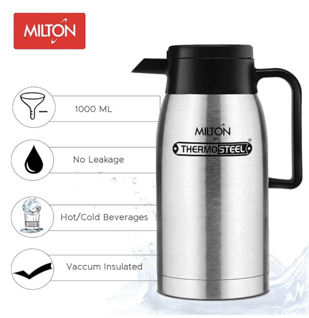 Milton Thermosteel Glassy Flask 1000, Double Walled Vacuum Insulated 1000  ml | 34 oz | 1 qt. | 24 Hours Hot and Cold Flask with Cover, 18/8 Stainless