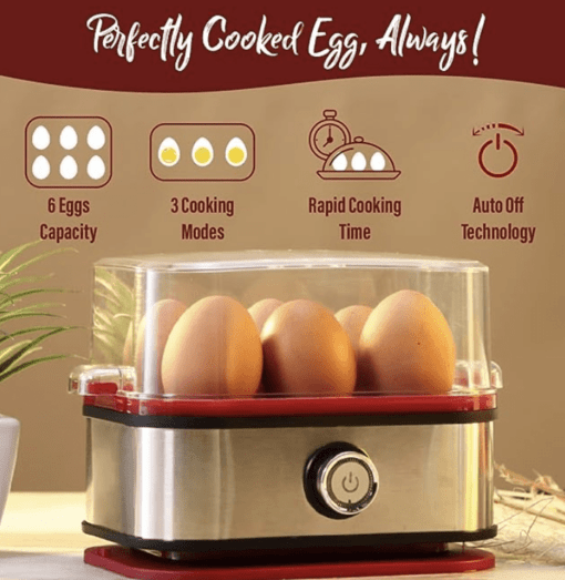 Crimson Edge Instant Electric Egg Boiler with 6 Egg Poachers