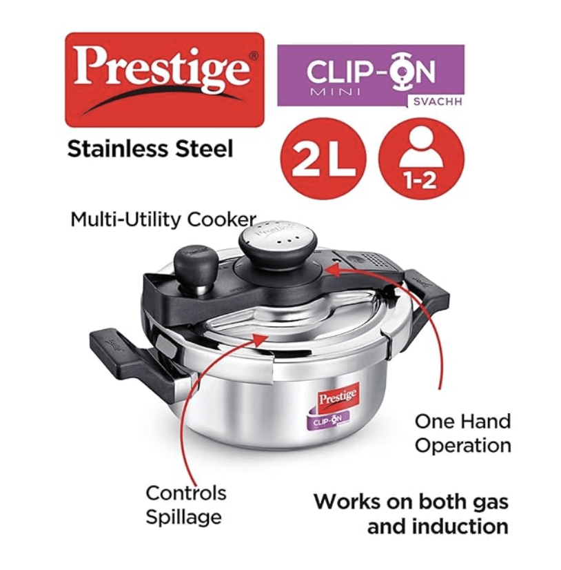 Prestige Svachh, 20237, 2 L, Stainless Steel Pressure Cookers, with de