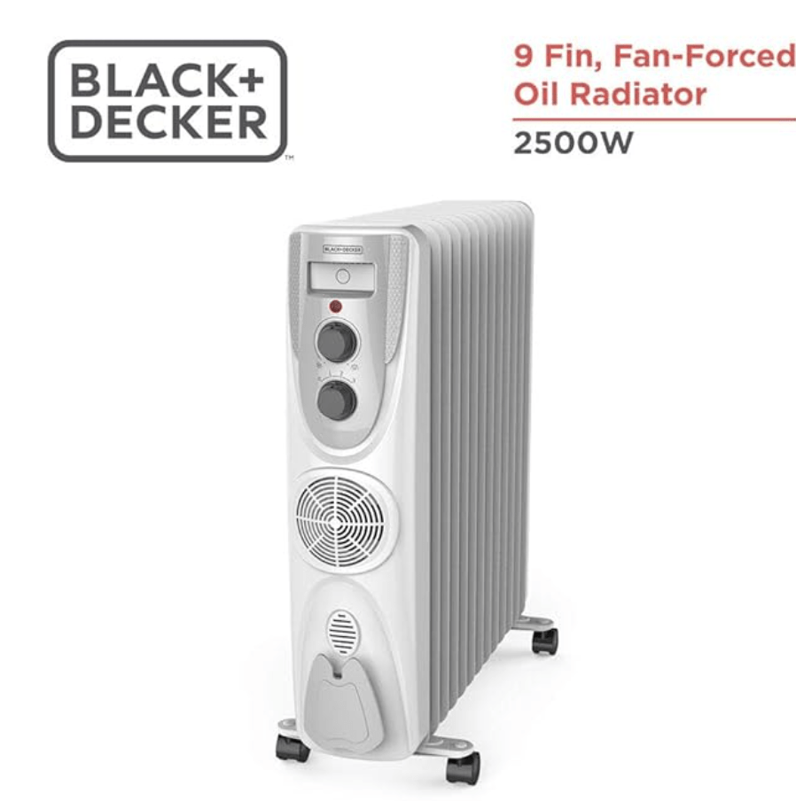 Black + Decker 2500 Watts Ofr 9 Fin, Fan Forced Oil Filled Radiator Room  Heater (White) - Velan Store